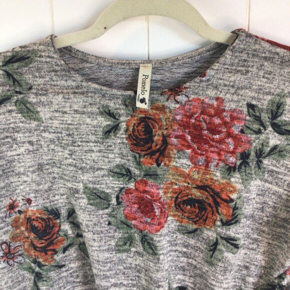 Pomelo Boutique Sweater size Small Gray marled Floral Print twist Knot front - Picture 2 of 6